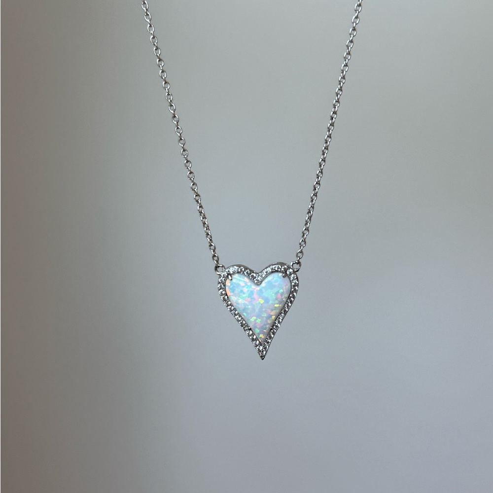 Silver diamond opal heart necklace